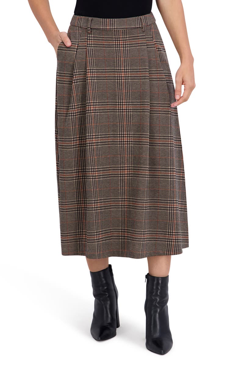 Ookie & Lala Plaid Pleated Midi Skirt, Alternate, color, Black/ Brown/ Camel
