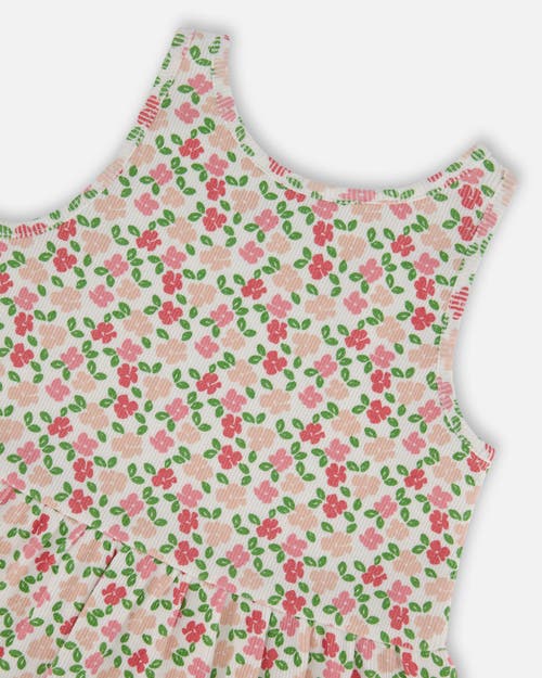 Deux Par Deux Little Girl's Printed Tank Top With Flounce Small Flowers On White Background In Small Flowers On White