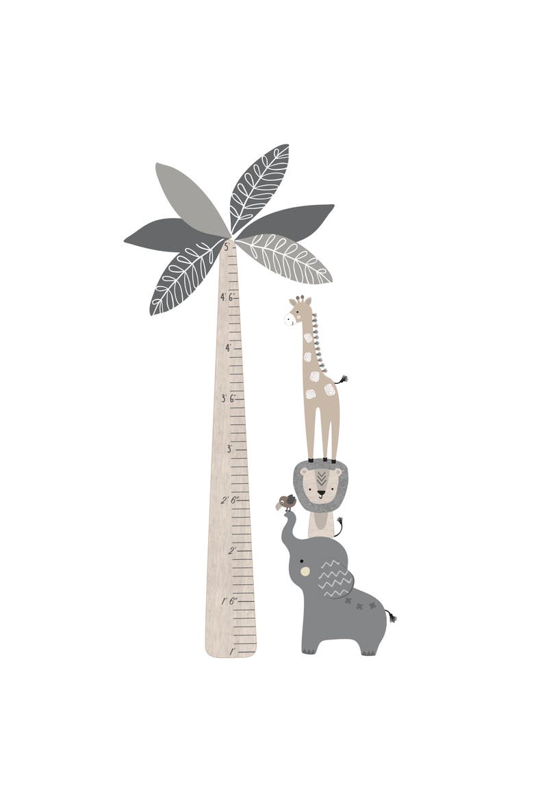 Jungle Safari Tree with Animals Kids Growth Chart Wall Decals, Main, color, Gray