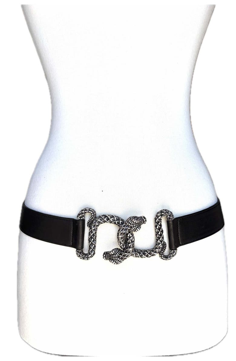 Raina Belts Interlocking Snake Antique Silver Leather Belt, Main, color, Black