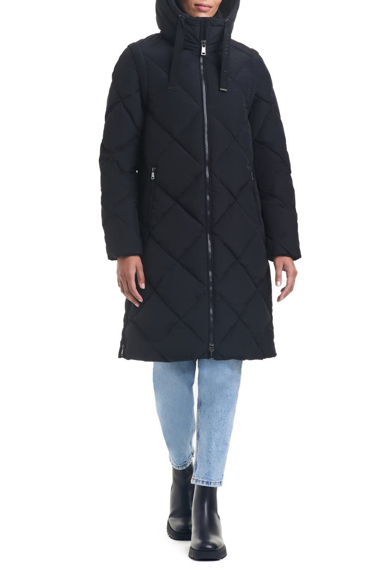 Longline Hooded Puffer Coat with Removable Sleeves, Alternate, color, BLACK