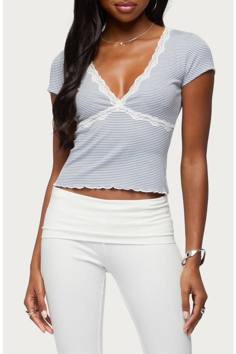 Alvera Lacey V-Neck Top, Main, color, BLUE-AND-WHITE
