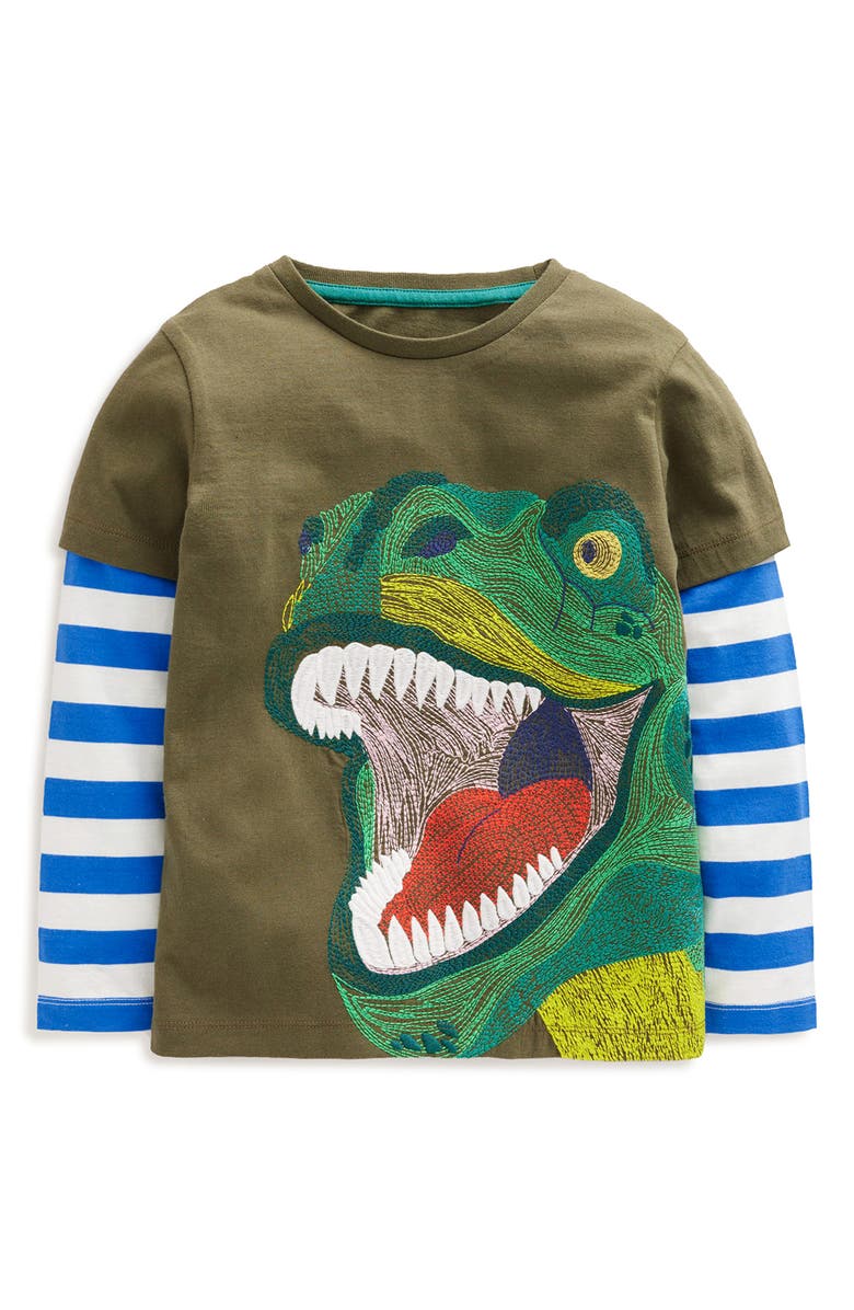Mini Boden Kids' Dino Appliqué Layered Cotton T-Shirt, Main, color, 