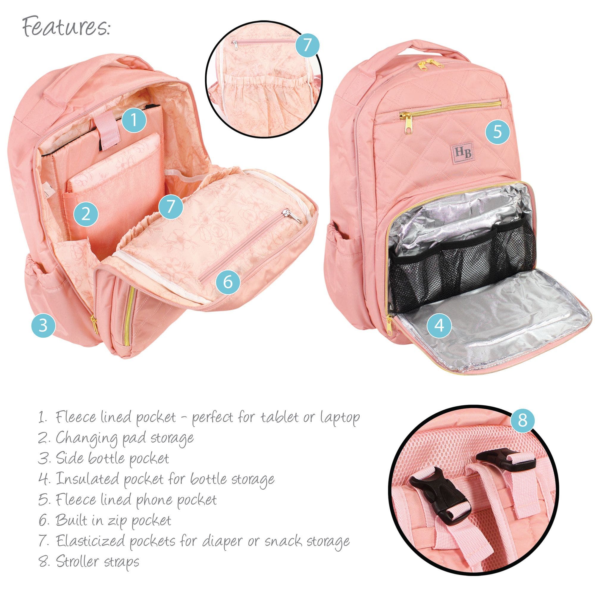Hudson Baby Luxury Diaper Backpack Kit with Portable Changing Mat, Alternate, color, Blush