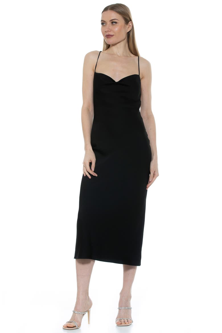 Dionee Draped Cowl Neck Midi Dress, Alternate, color, BLACK