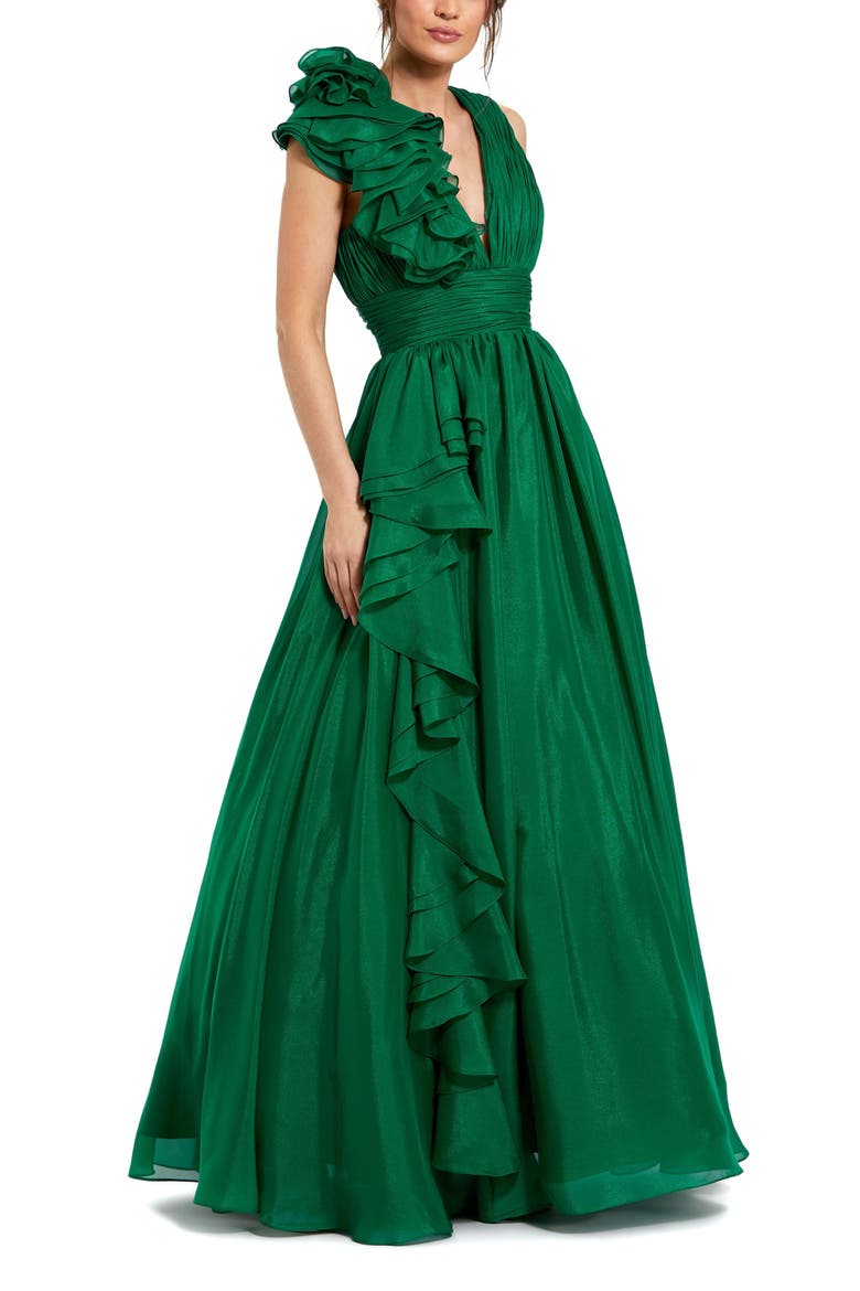 Ruffle Shoulder V-Neck Chiffon Gown, Main, color, Emerald