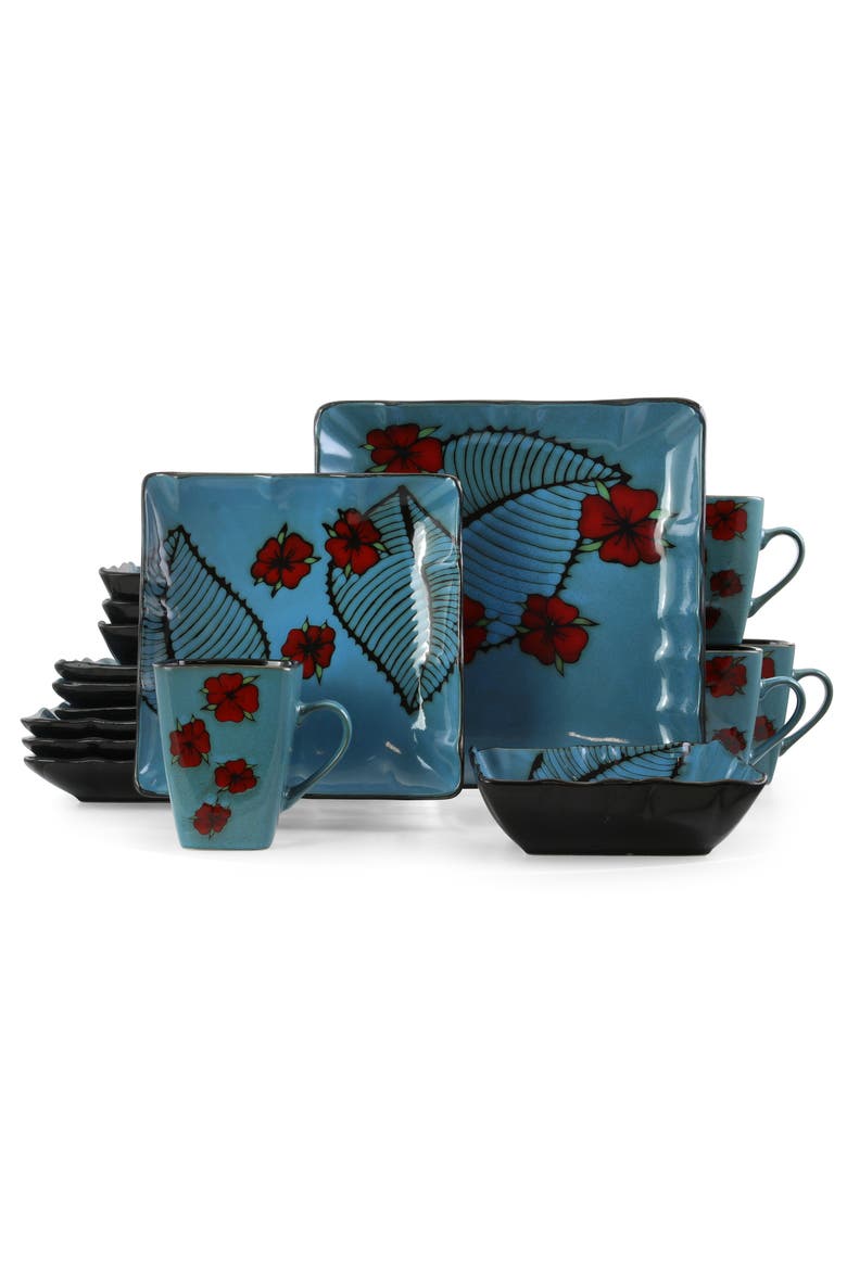 Aloha Tide 16 Piece Luxurious Stoneware Dinnerware with Complete Setting for 4, Main, color, Blue