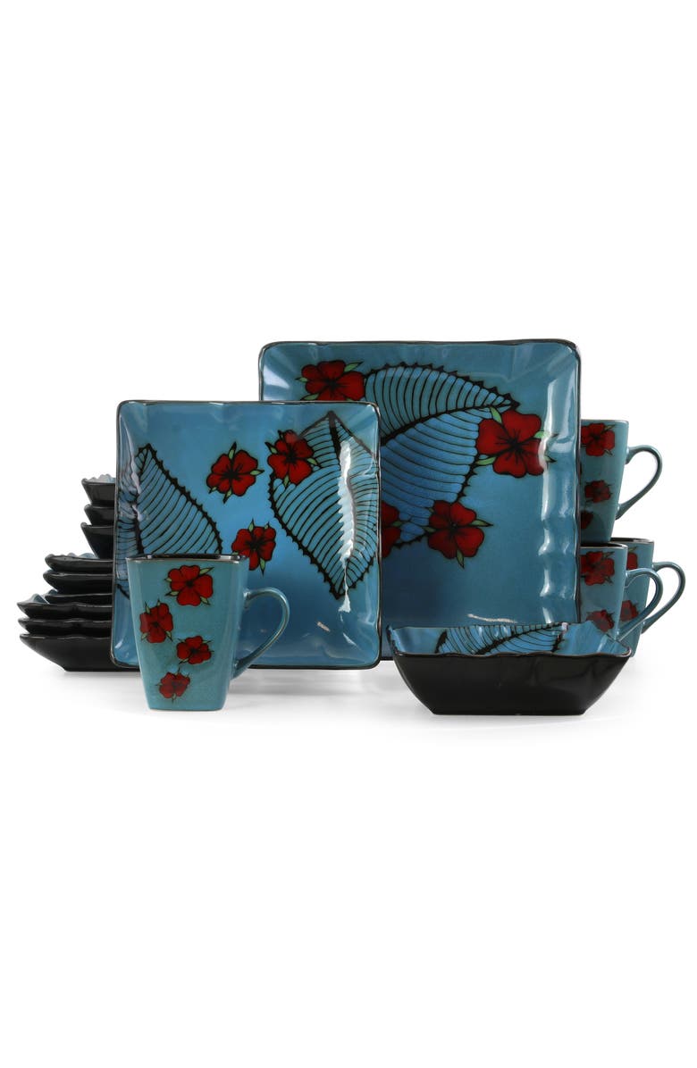 Elama Aloha Tide 16 Piece Luxurious Stoneware Dinnerware with Complete Setting for 4, Main, color, Blue