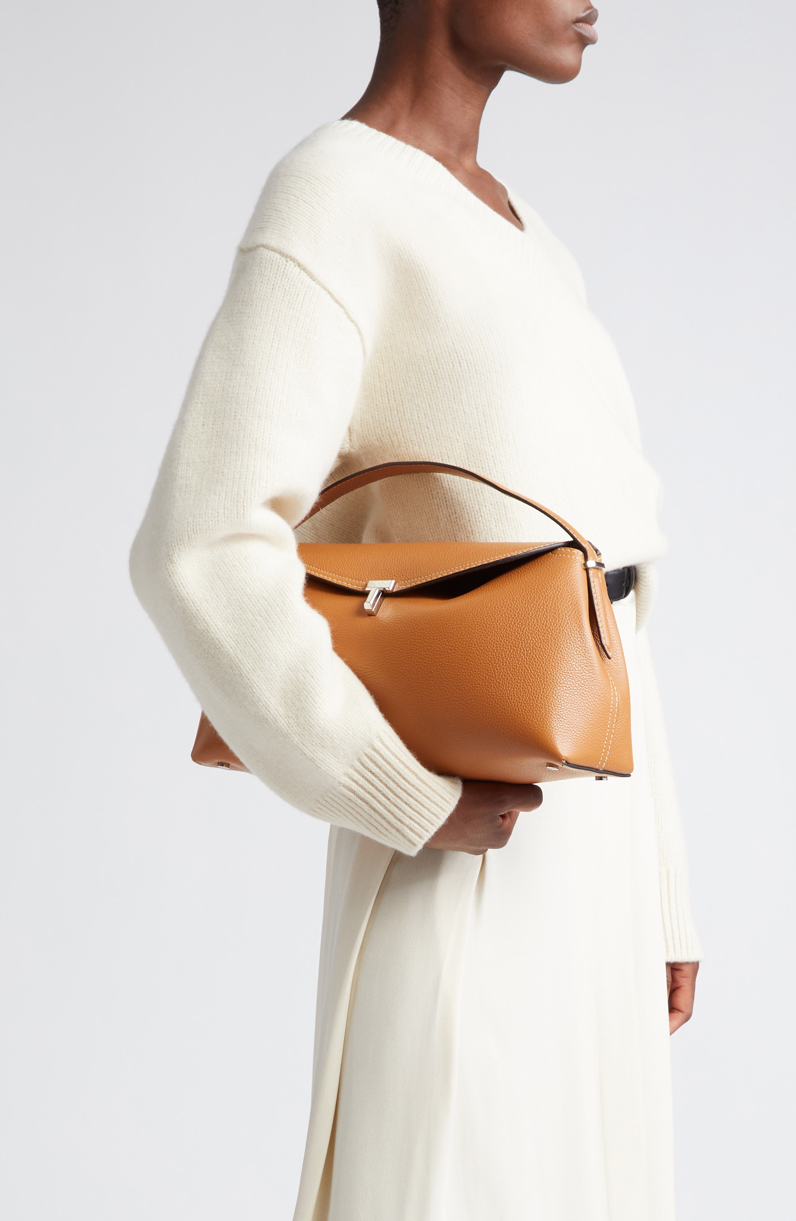 T-Lock Grained Leather Top Handle Bag, Alternate, color, TAN