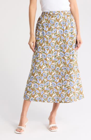 Melloday Poplin Skirt In Khaki Dusty Blue Floral