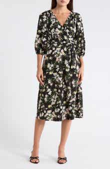 DKNY Balloon Sleeve Faux Wrap Midi Dress