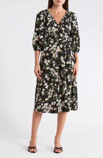 DKNY Balloon Sleeve Faux Wrap Midi Dress