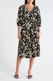 DKNY Balloon Sleeve Faux Wrap Midi Dress
