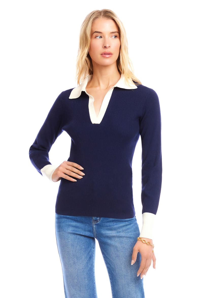 Contrast Rib Polo Sweater, Alternate, color, NAVY W/ CREAM