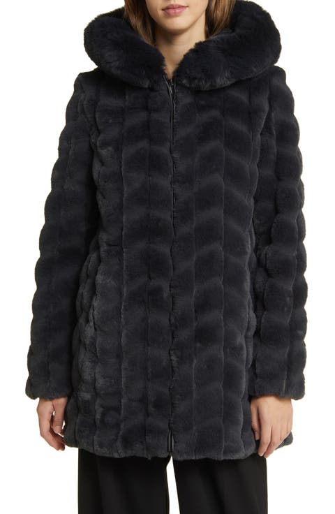 Grooved Faux Fur Hooded Coat