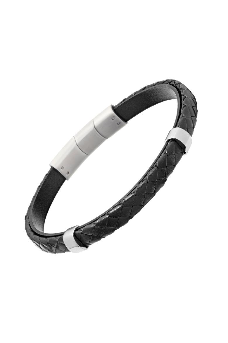 Braided Leather Bracelet with Stainless Steel Detail, Main, color, Black