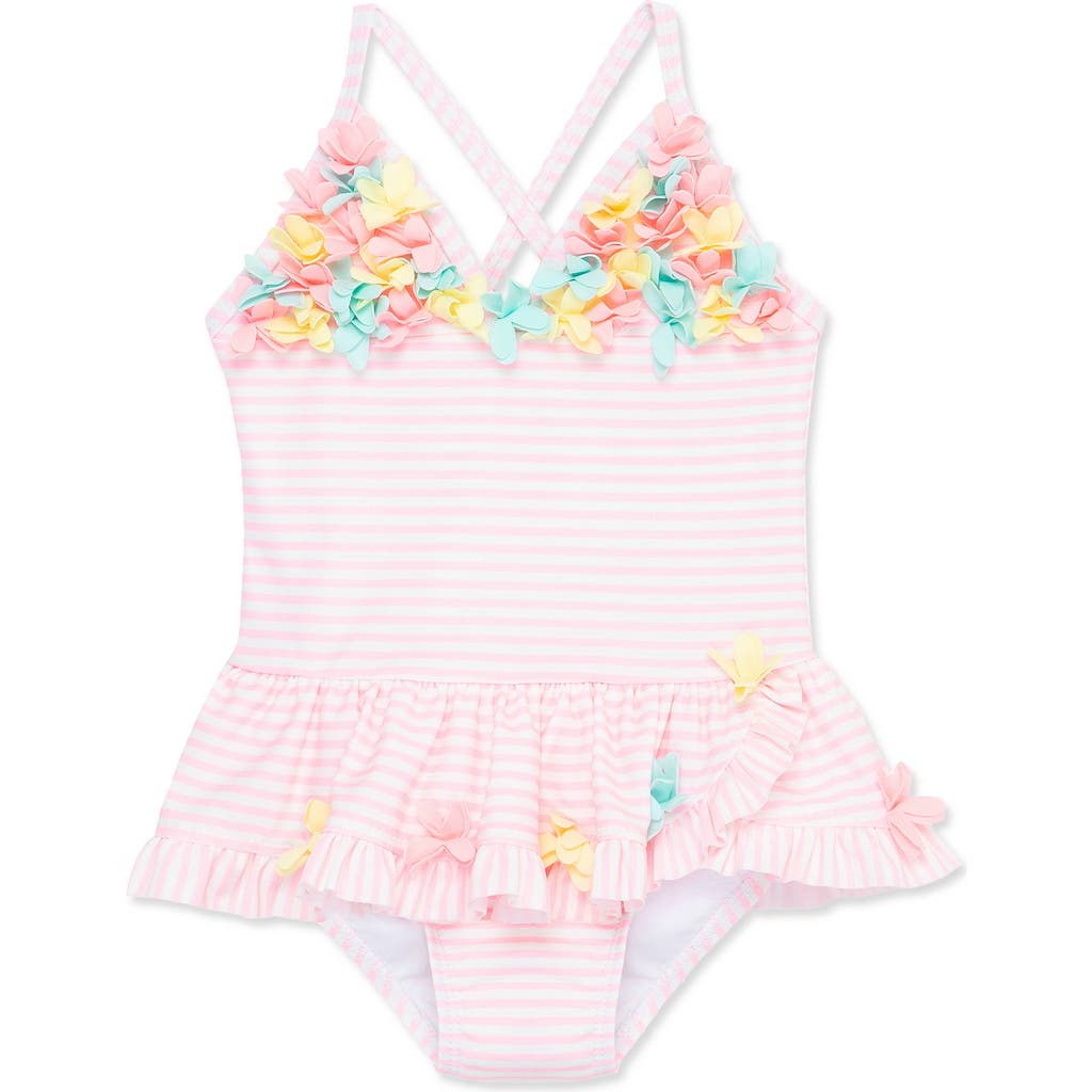 Little Me Baby Girls Floral-trim Striped One-piece Swimsuit In Pink