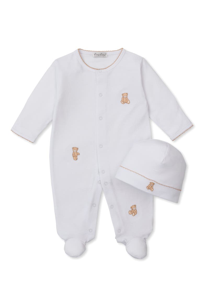 Bear Embroidered Footie & Hat Set, Main, color, WHITE/ TAN