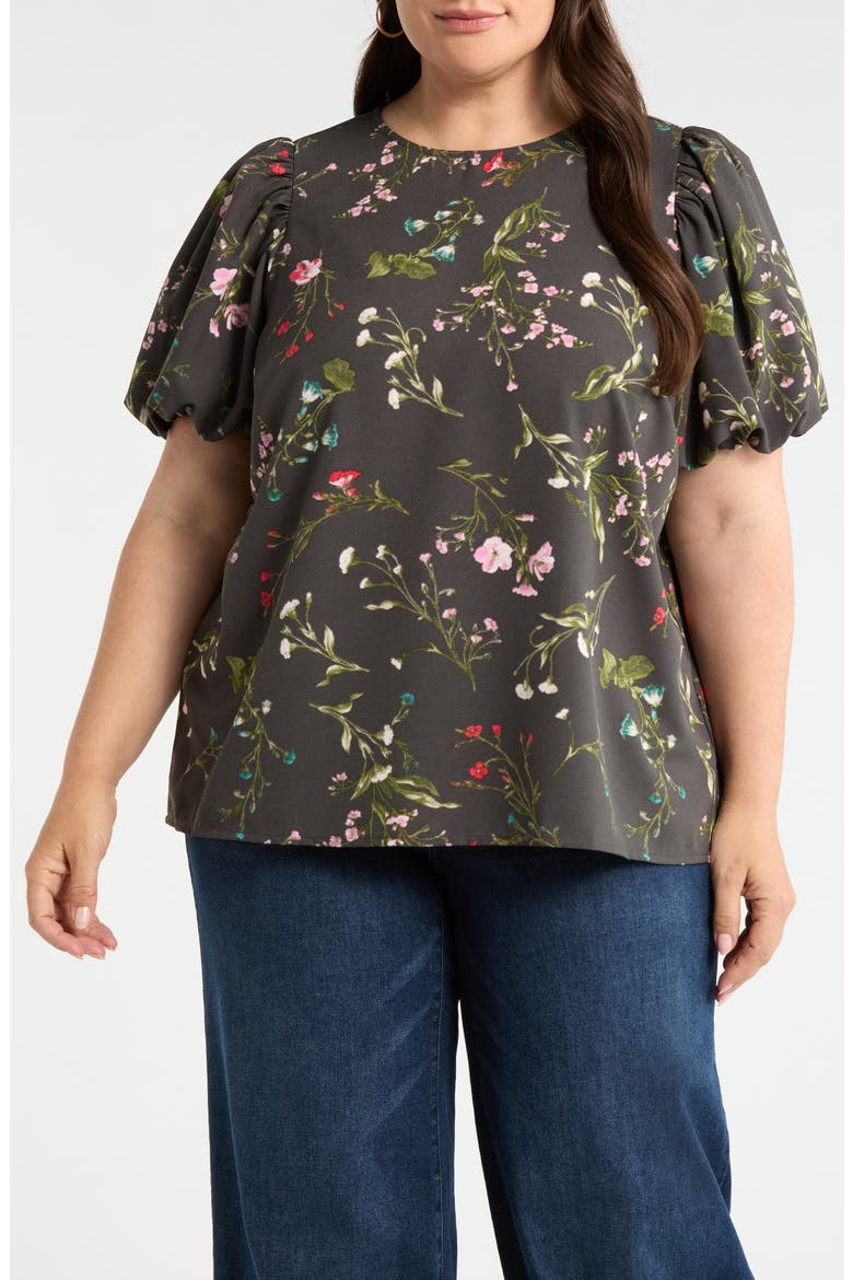 Floral Print Puff Sleeve Top, Main, color, GREEN-MULTI