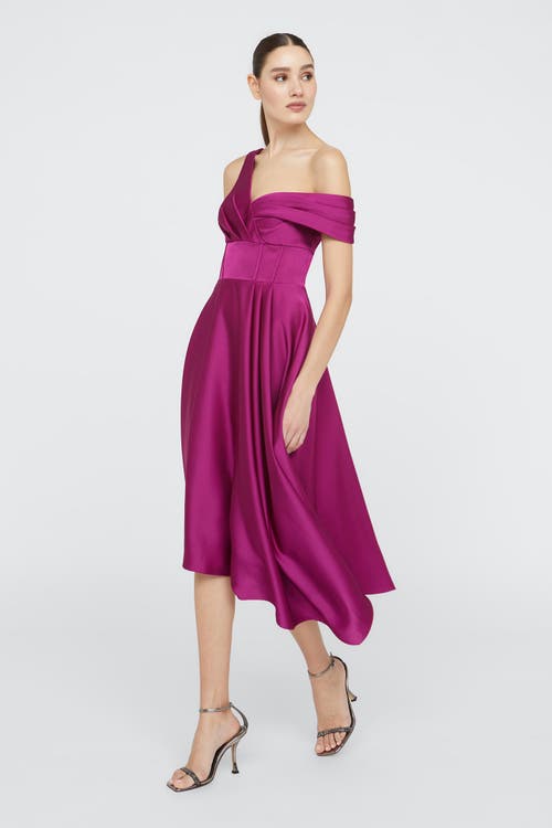 Theia Mirielle One-shoulder Satin Midi Dress In Pink