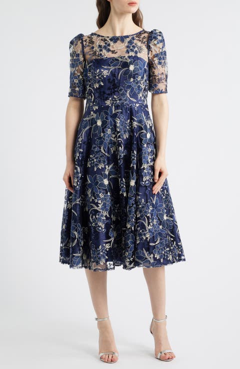 Sequin Floral Embroidery Fit & Flare Cocktail Midi Dress