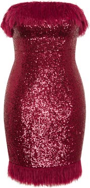 City Chic Feather Trim Sequin Strapless Dress