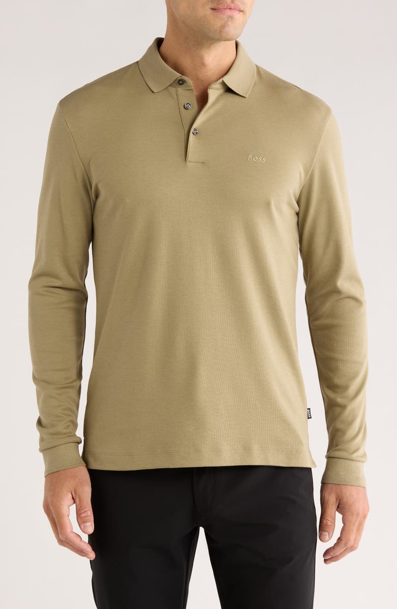 BOSS Pado Long Sleeve Cotton Polo, Main, color, Green