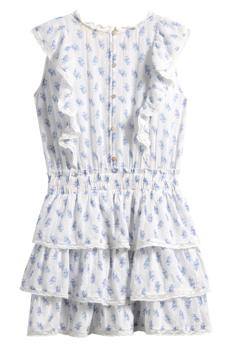 Kids' Decker Floral Ruffle Lace Trim Tiered Cotton Dress, Alternate, color, INDIGO CLOUD