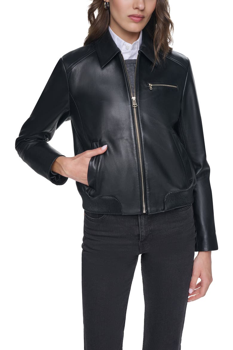 Leather Bomber Jacket, Main, color, BLACK