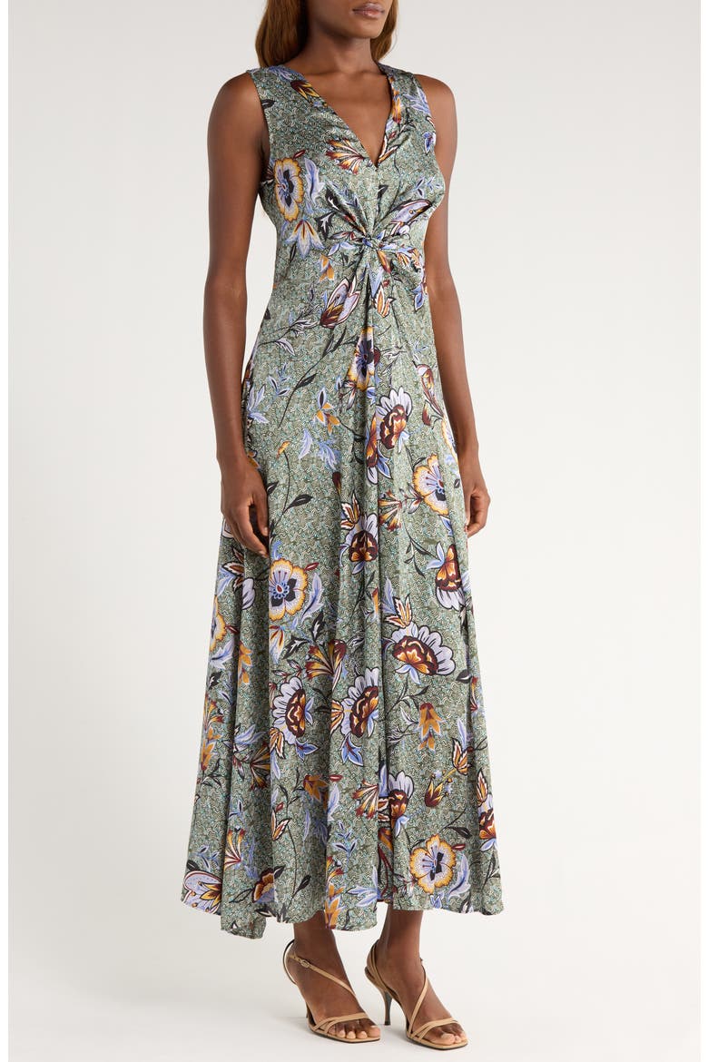 Knot Front Floral Print Sleeveless Dress, Alternate, color, GRAY VIOLET/ GREEN