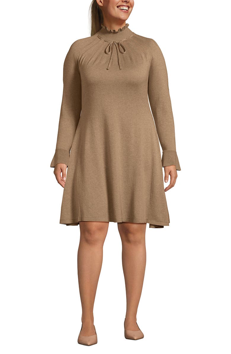 Lands
 End Fine Gauge Cotton Fit and Flare Sweater Dress, Main, color, Vicuna Heather
