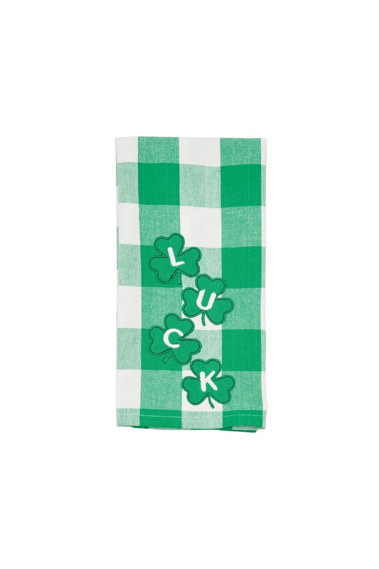 St. Patrick's Day Four Clover "Luck" Plaid Check Cotton Kitchen Dishtowel, Alternate, color, Green