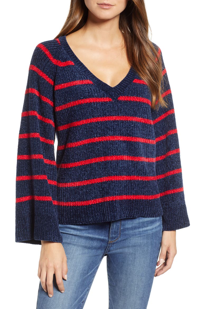 Stripe V-Neck Sweater, Main, color, NAVY/ RED