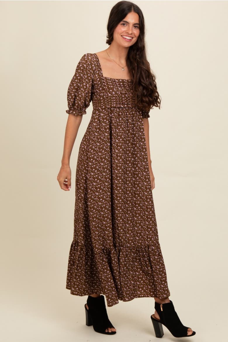 Floral Pleated Bodice Maxi Dress, Alternate, color, Mocha