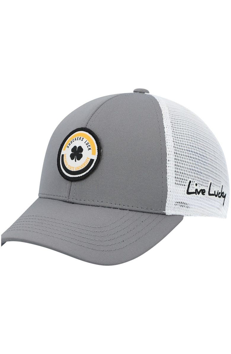 Black Clover Men's Gray/White Wichita State Shockers Motto Trucker Snapback Hat, Alternate, color, 