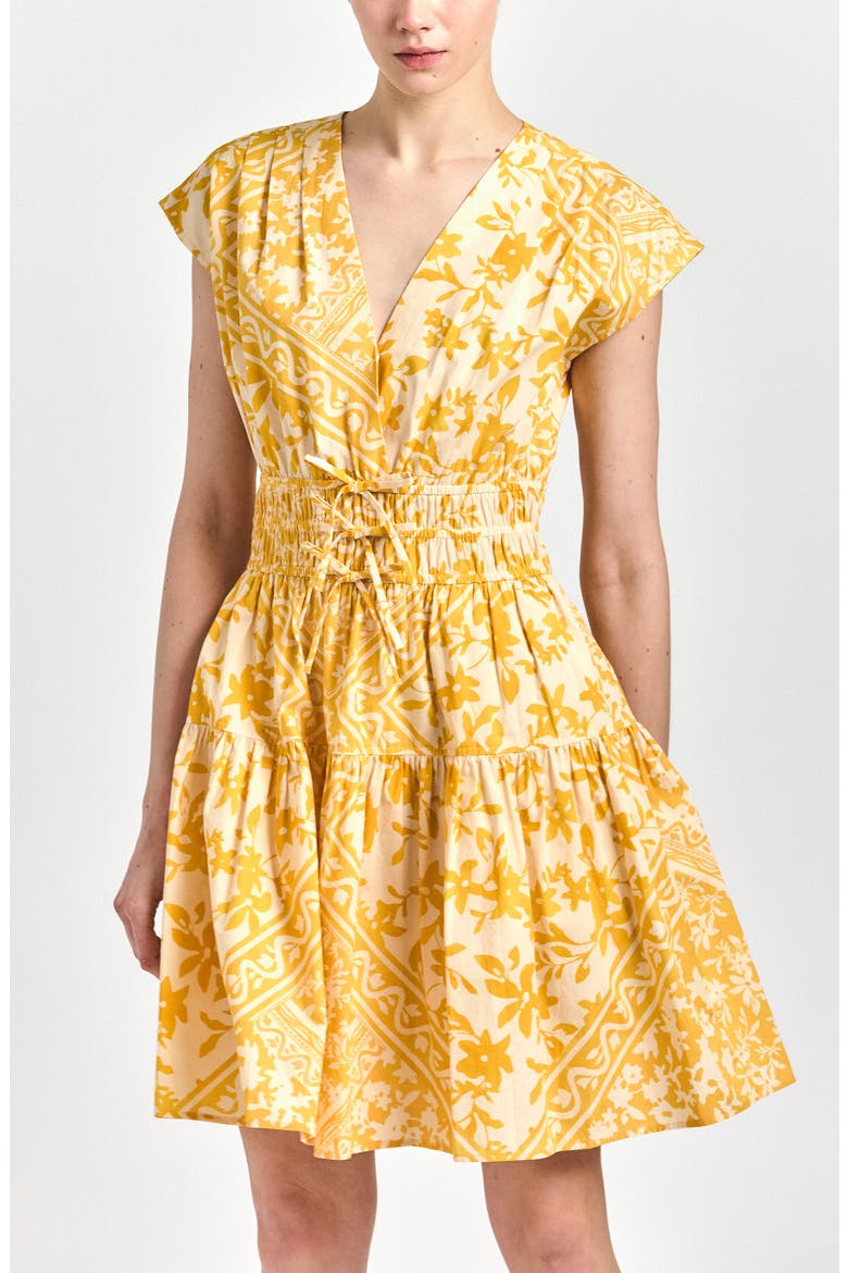 Tora Floral Print Shirred Dress, Main, color, YELLOW TILE