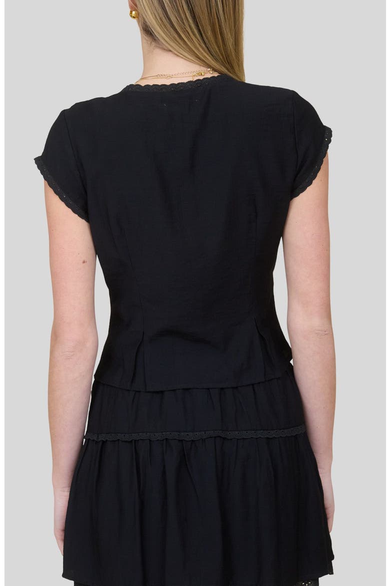 Lace Trim Cap Sleeve Button-Up Top, Alternate, color, BLACK