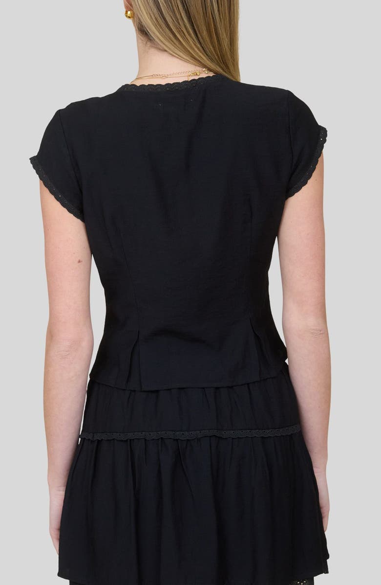 Blu Pepper Lace Trim Cap Sleeve Button-Up Top, Alternate, color, Black