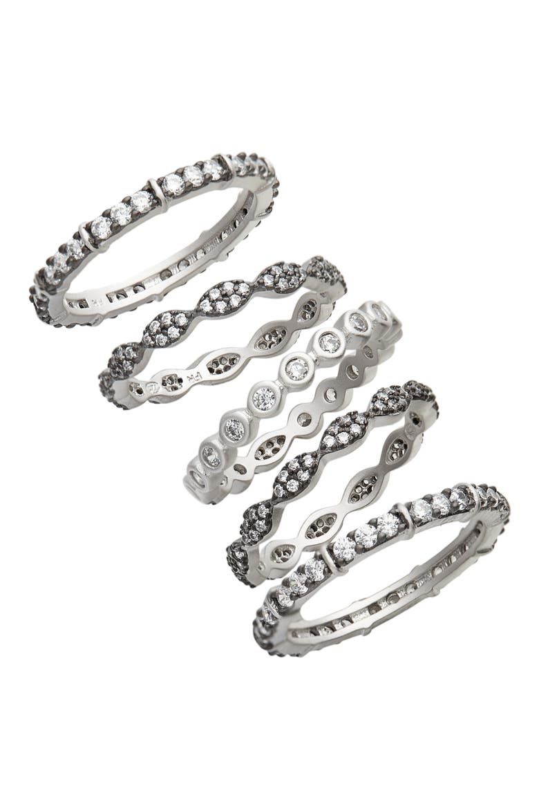 Classic Mixed 5-Stack Ring, Main, color, BLACK/ WHITE/ SILVER