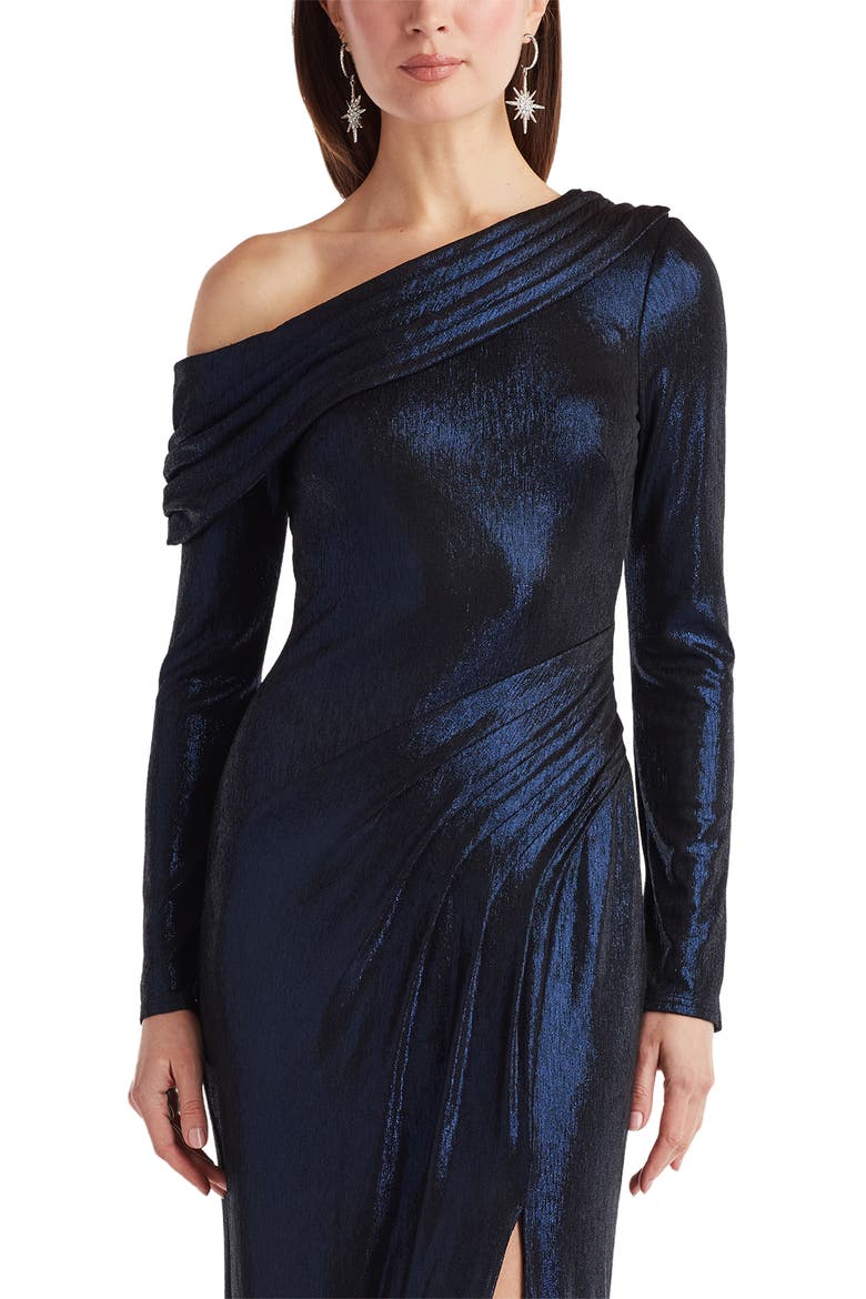 Metallic One-Shoulder Long Sleeve Gown, Alternate, color, ROYAL NAVY