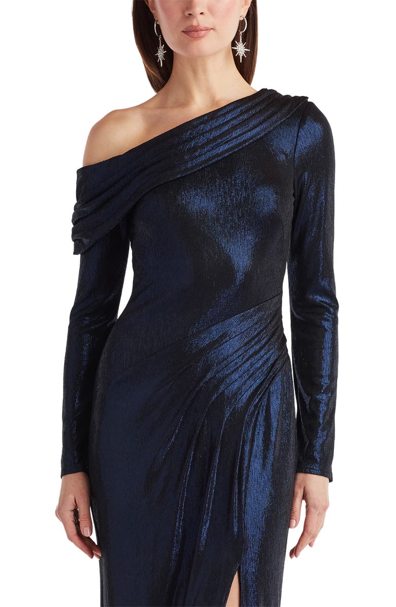 Tadashi Shoji Metallic One-Shoulder Long Sleeve Gown, Alternate, color, 