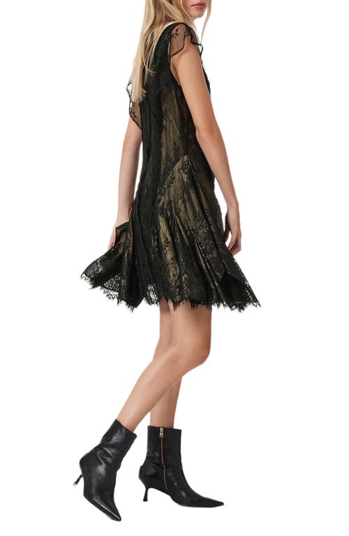 Allsaints Womens Metallic Gold Fleur High-neck Lace Mini Dress In Black