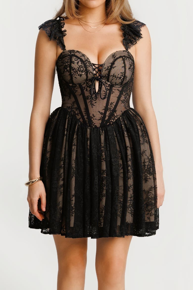Snatched Lace Convertible Strap Mini Shapewear Romper Cottagecore Dress, Alternate, color, Midnight Black