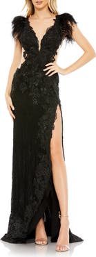Mac Duggal Feather Cap Sleeve Lace Gown