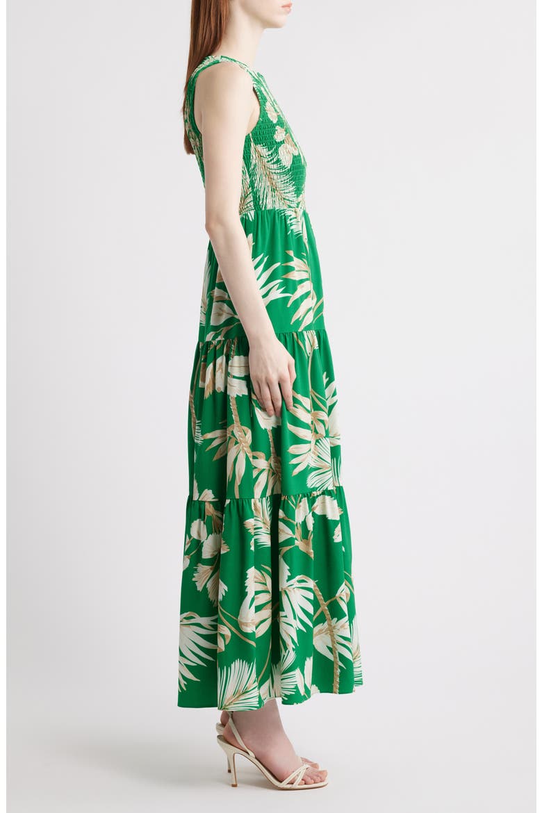 Palm Print Smocked Tiered Maxi Dress, Alternate, color, TROPICAL GREEN MULTI