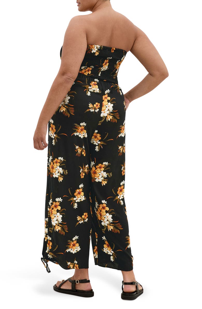 City Chic Aruba Floral Strapless Jumpsuit, Alternate, color, Black Print