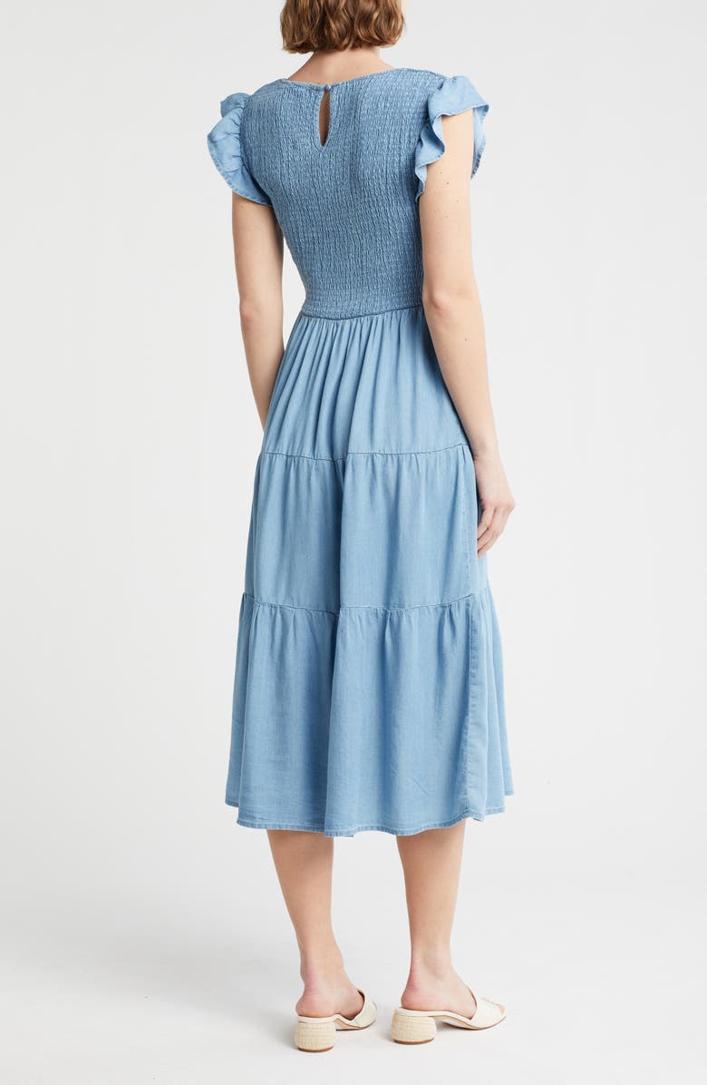 Blu Pepper Cap Sleeve Smocked Tiered Chambray Midi Dress, Alternate, color, 
