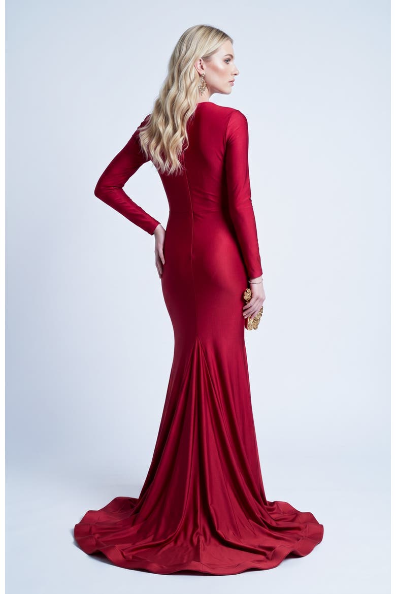 Long Sleeve Plunge V-Neck Ruched Mermaid Gown, Alternate, color, Red