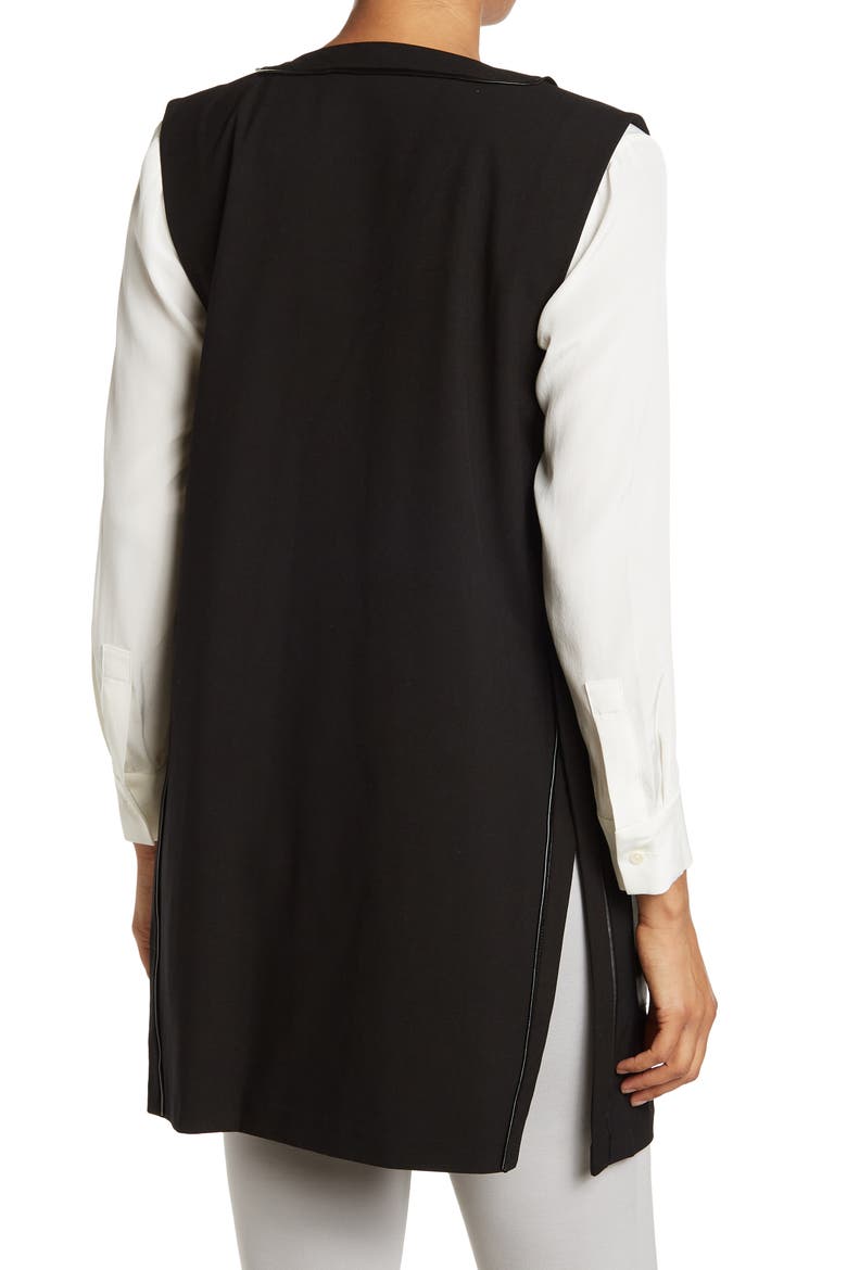 AMANDA AND CHELSEA Faux Leather Trim Patch Pocket Long Vest, Alternate, color, BLACK
