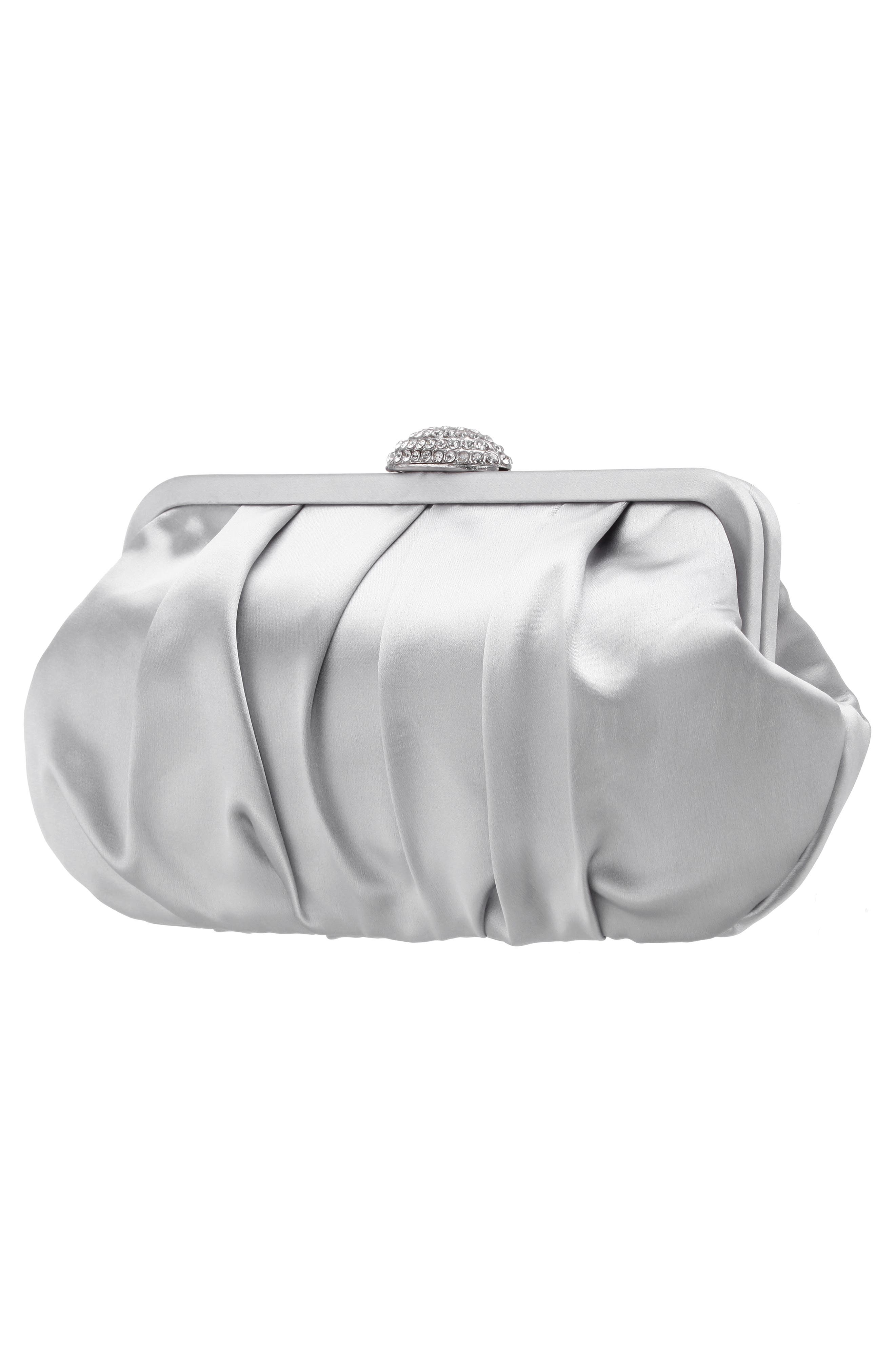 Concord Pleated Satin Frame Clutch, Alternate, color, NEW SILVER